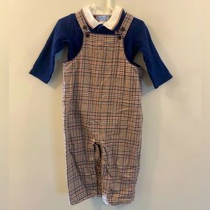 Janie and Jack Layette plaid overall and blue long sleeve set, size 6-12 month